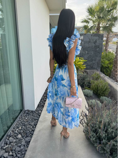 Sukienka plisowana z falbanami na rękawach Dalia niebiesko-kremowa 17 - photo #9