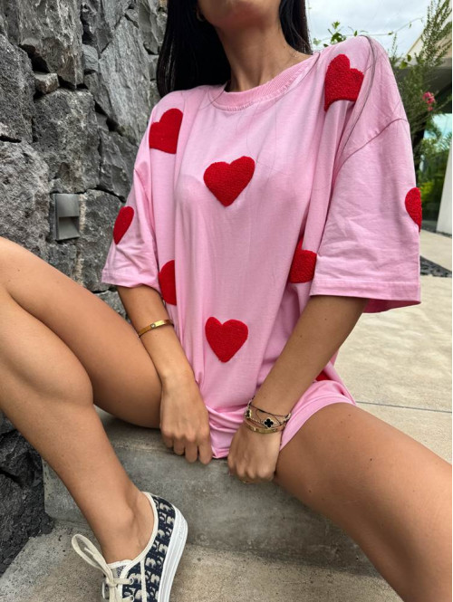 T-shirt oversize w serca Vicky różowy 130 - photo #4