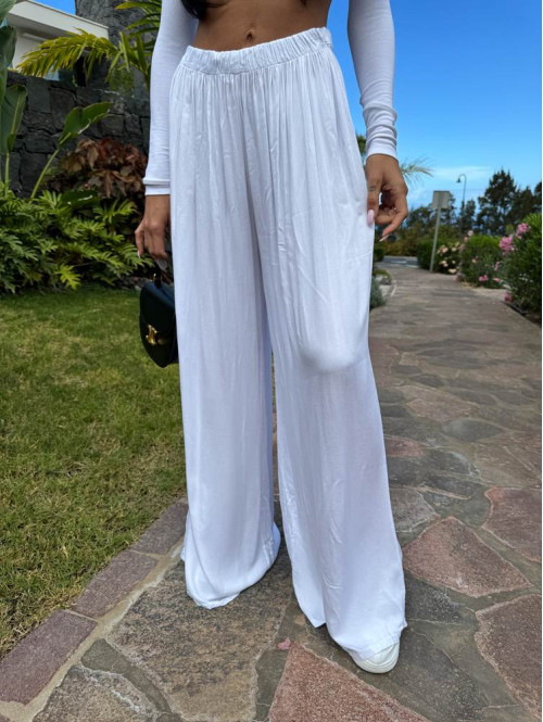 Spodnie z wiskozy na lato z szeroką nogawką Teora białe 06 - photo #6