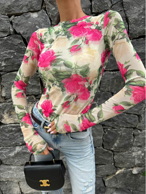 Bluzka siateczkowa we wzór fuksjowych kwiatów Catta kremowa 25 - photo #14