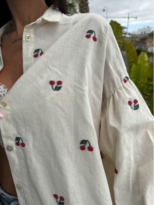 Koszula al'a lniana we wzór wiśni Cherry Blossom beżowa 172 - photo #18