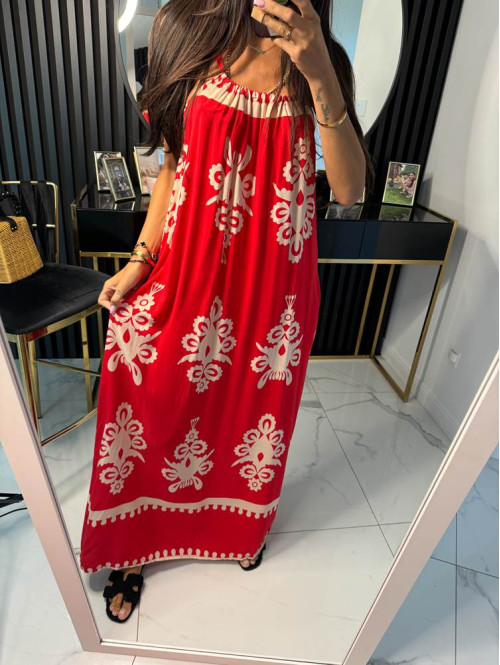 Sukienka maxi z odkrytymi ramionami we wzory ZUZANNA czerwona 17 - photo #2