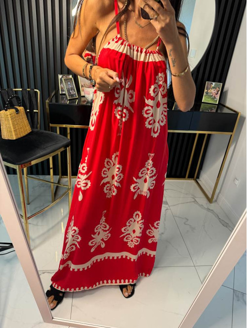 Sukienka maxi z odkrytymi ramionami we wzory ZUZANNA czerwona 17 - photo #5