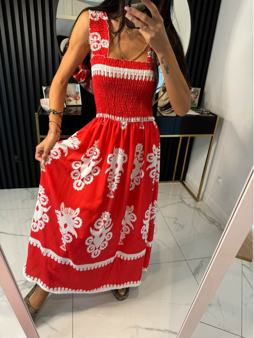 Sukienka w ornamentowe wzory midi AGNIESZKA czerwono-biała 17