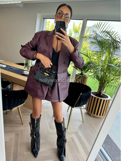 Bordowa marynarka dłuższa z eko skóry WALENTINA 171 - photo #15