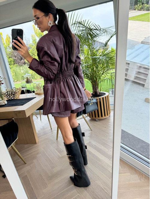 Bordowa marynarka dłuższa z eko skóry WALENTINA 171 - photo #17