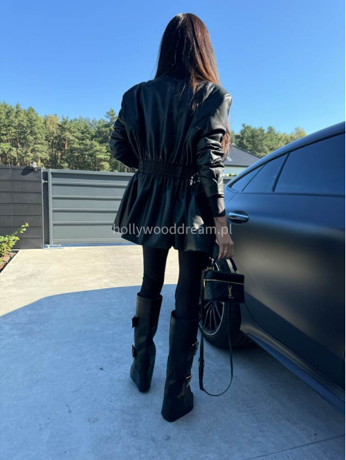 Czarna marynarka dłuższa z eko skóry gniecionej WALENTINA 171 - photo #16