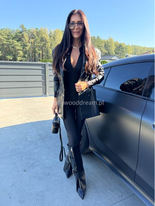 Czarna marynarka dłuższa z eko skóry gniecionej WALENTINA 171 - photo #17