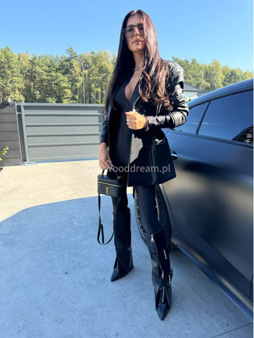 Czarna marynarka dłuższa z eko skóry gniecionej WALENTINA 171 - photo #20