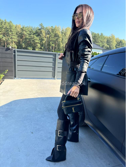 Czarna marynarka dłuższa z eko skóry gniecionej WALENTINA 171 - photo #21