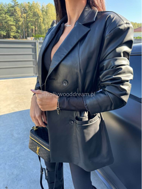 Czarna marynarka dłuższa z eko skóry gniecionej WALENTINA 171 - photo #23