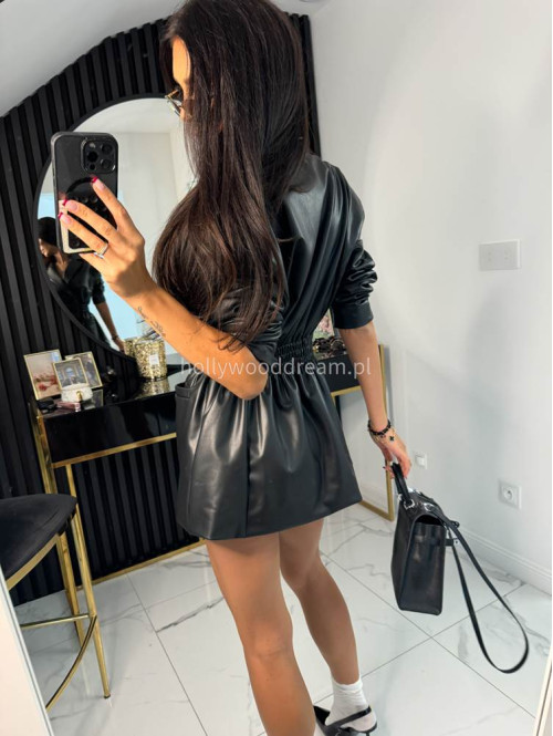 Czarna marynarka dłuższa z eko skóry gniecionej WALENTINA 171 - photo #29