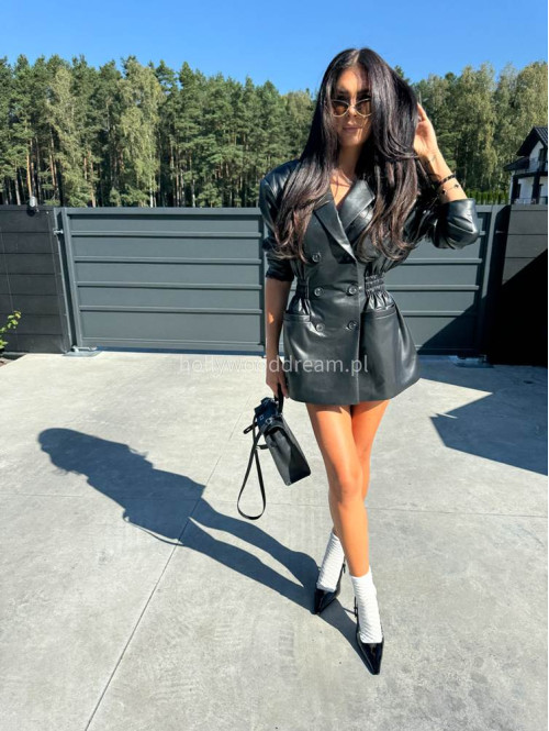 Czarna marynarka dłuższa z eko skóry gniecionej WALENTINA 171 - photo #33