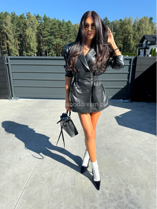 Czarna marynarka dłuższa z eko skóry gniecionej WALENTINA 171 - photo #34