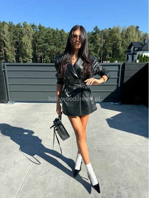 Czarna marynarka dłuższa z eko skóry gniecionej WALENTINA 171 - photo #35