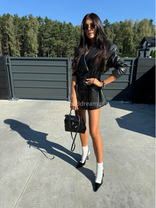 Czarna marynarka dłuższa z eko skóry gniecionej WALENTINA 171 - photo #38