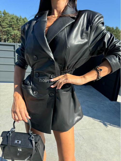 Czarna marynarka dłuższa z eko skóry gniecionej WALENTINA 171 - photo #42