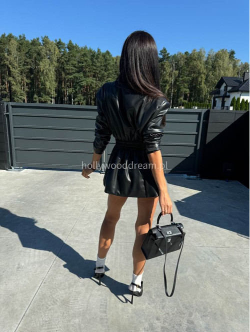 Czarna marynarka dłuższa z eko skóry gniecionej WALENTINA 171 - photo #44