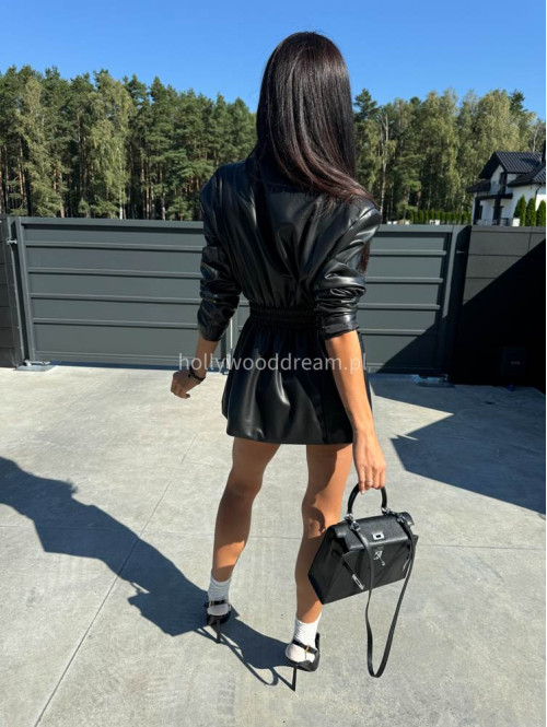 Czarna marynarka dłuższa z eko skóry gniecionej WALENTINA 171 - photo #45