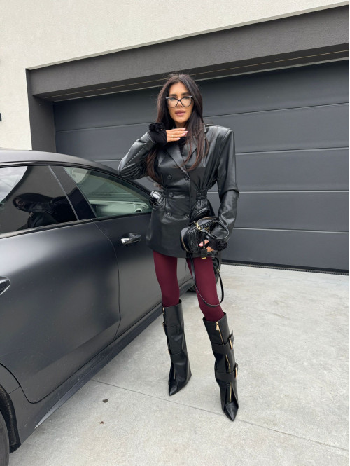 Czarna marynarka dłuższa z eko skóry gniecionej WALENTINA 171 - photo #46