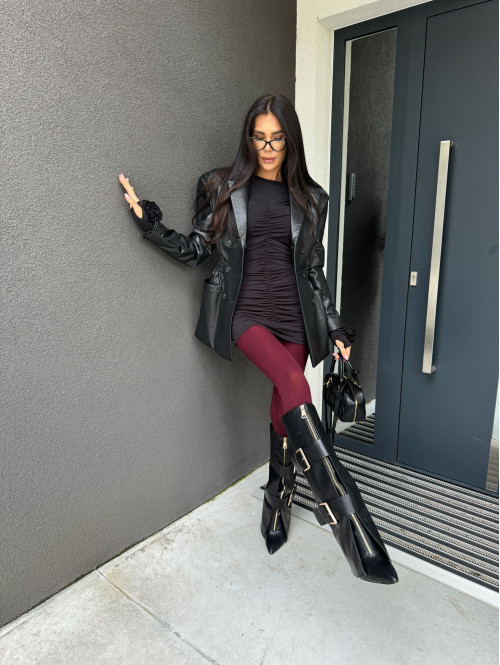 Czarna marynarka dłuższa z eko skóry gniecionej WALENTINA 171 - photo #48