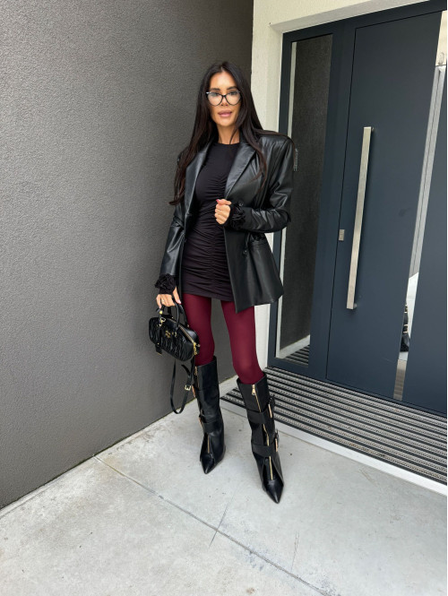 Czarna marynarka dłuższa z eko skóry gniecionej WALENTINA 171 - photo #49