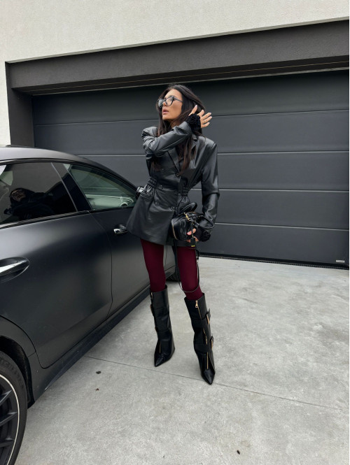 Czarna marynarka dłuższa z eko skóry gniecionej WALENTINA 171 - photo #52