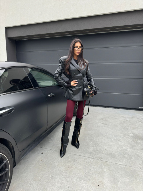 Czarna marynarka dłuższa z eko skóry gniecionej WALENTINA 171 - photo #55