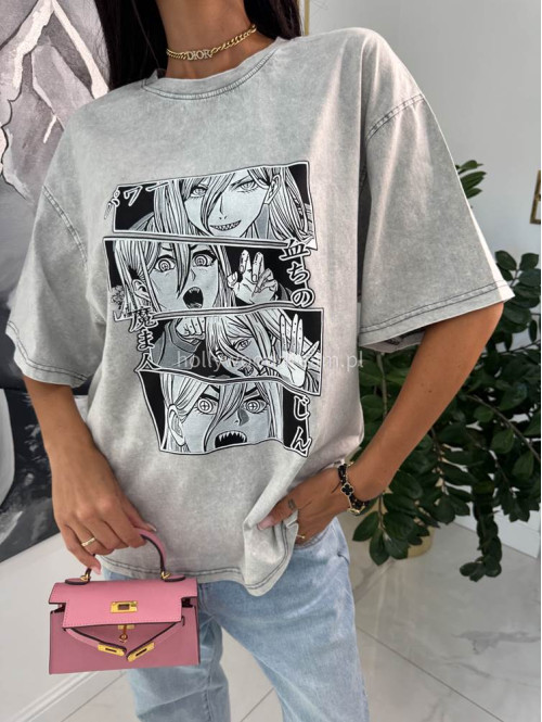 T-shirt oversize z nadrukiem ANIME jasno szary 31 - photo #4