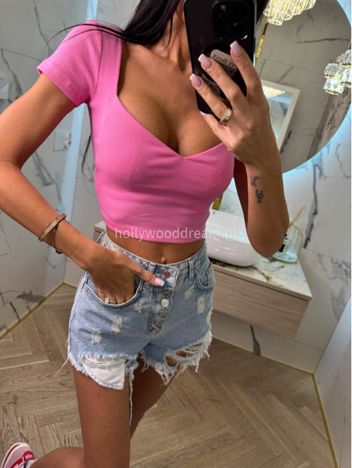 Crop top na krótki rękaw dekolt serce z bawełny LOVE różowy 31 - photo #7