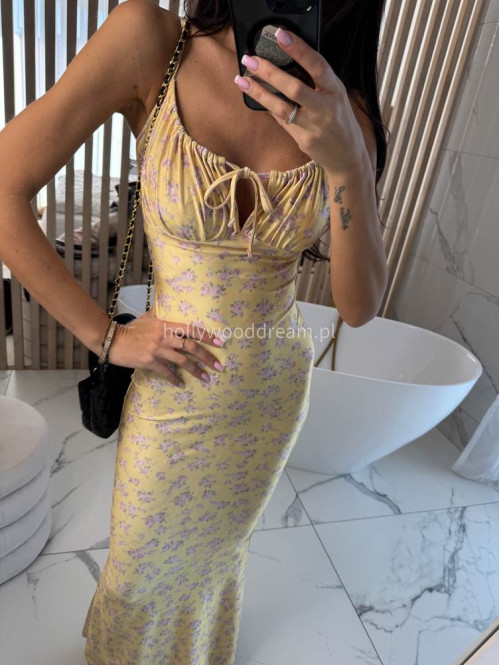 Sukienka maxi na ramiączka w liliowe kwiaty AMIRA żołta 173 - photo #10