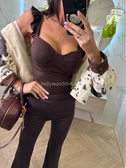Top prążkowany na ramiączkach z falbaną SARA czekoladowy 09 - photo #8