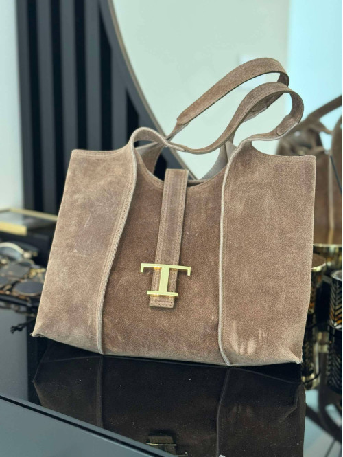 Torebka zamszowa shopper mała z literą ,,T'' GINA jasny brąz