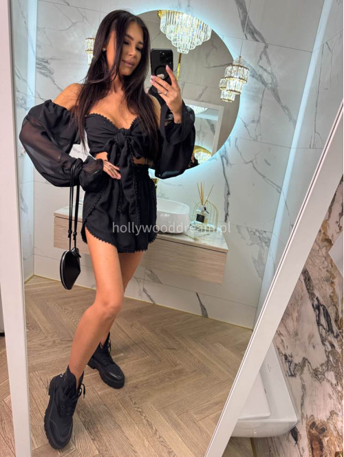 Komplet letni z dodatkiem koronki top wiązany + spodenki z wiskozą CLAUDIE czarny 169 - photo #12