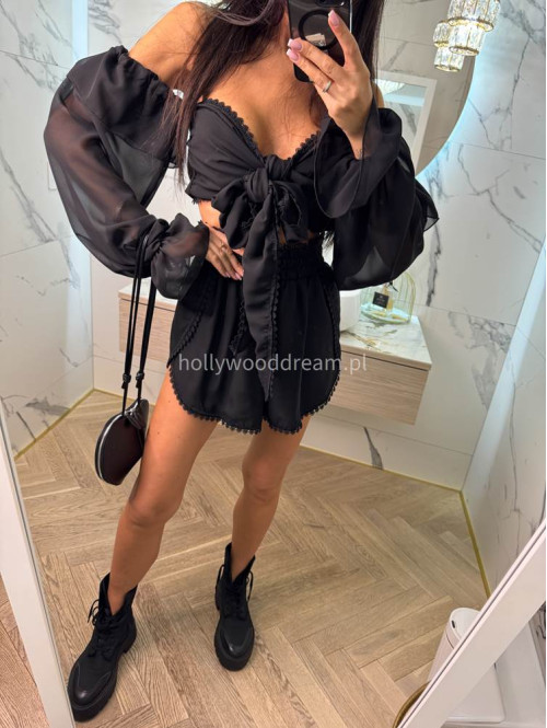 Komplet letni z dodatkiem koronki top wiązany + spodenki z wiskozą CLAUDIE czarny 169 - photo #15