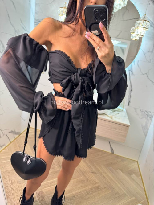 Komplet letni z dodatkiem koronki top wiązany + spodenki z wiskozą CLAUDIE czarny 169 - photo #18