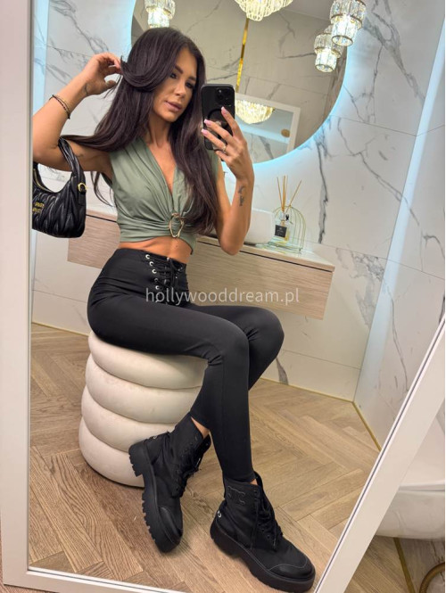 Bluzka krótka z głębokim dekoltem i ozdobą w talii KAJA khaki 19 - photo #11