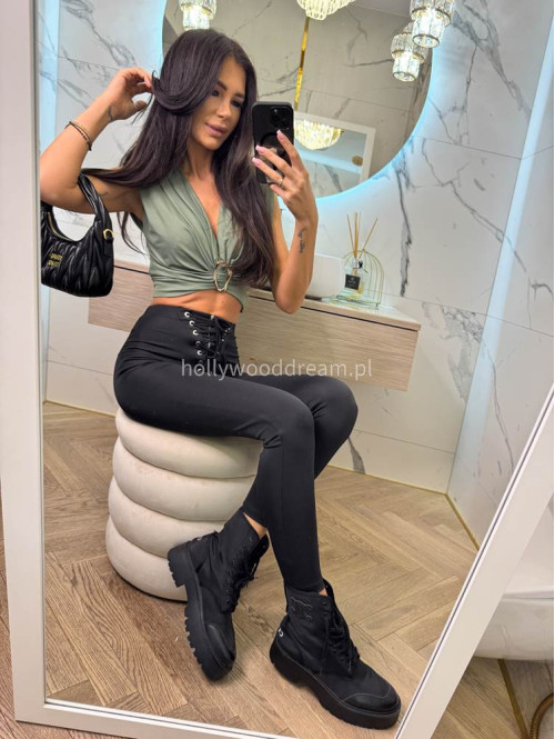 Bluzka krótka z głębokim dekoltem i ozdobą w talii KAJA khaki 19 - photo #12