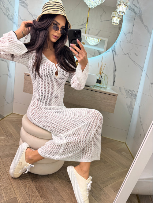 PRE ORDER !!! wysyłka po 10/05 !!!!Sukienka maxi szydełkowa plażowa z broszką EMMA kremowa 89