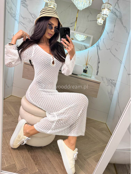 PRE ORDER !!! wysyłka po 10/05 !!!!Sukienka maxi szydełkowa plażowa z broszką EMMA kremowa 89 - photo #3