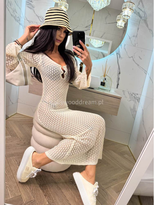PRE ORDER !!! wysyłka po 10/05 !!!!Sukienka maxi szydełkowa plażowa z broszką EMMA beżowa 89 - photo #1
