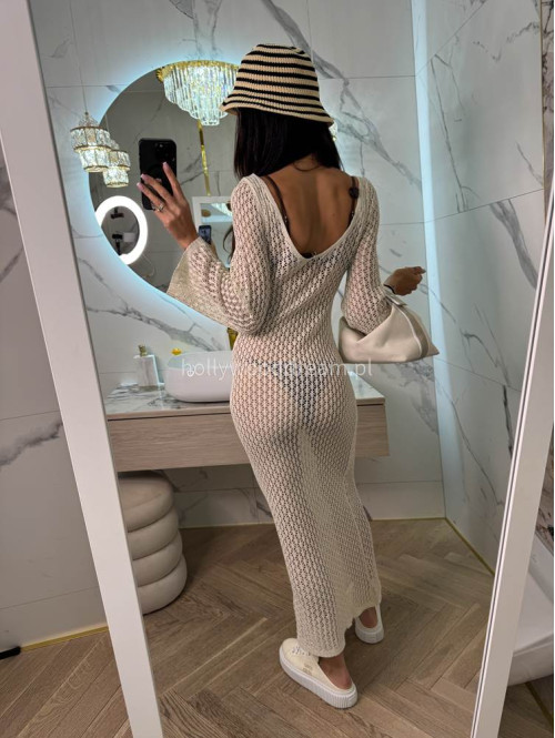PRE ORDER !!! wysyłka po 10/05 !!!!Sukienka maxi szydełkowa plażowa z broszką EMMA beżowa 89 - photo #11
