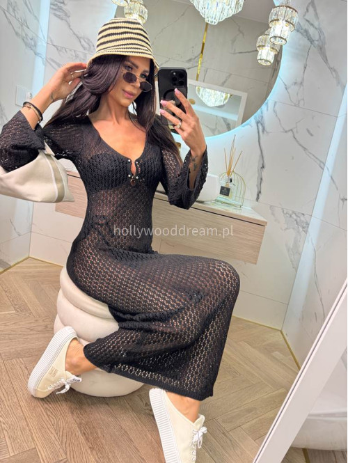 PRE ORDER !!! wysyłka po 10/05 !!!!Sukienka maxi szydełkowa plażowa z broszką EMMA czarna 89 - photo #2