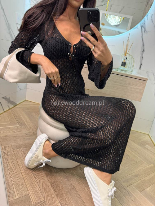 PRE ORDER !!! wysyłka po 10/05 !!!!Sukienka maxi szydełkowa plażowa z broszką EMMA czarna 89 - photo #3