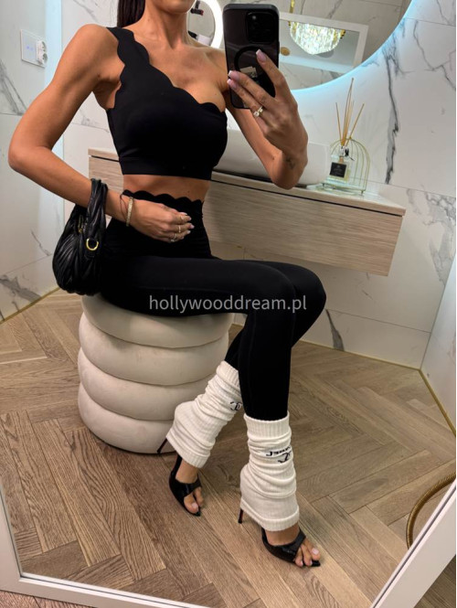 Komplet top na jedno ramię + legginsy wykończony falbaną Jodi czarny 89 - photo #5