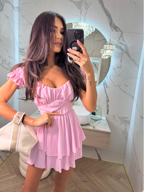 Sukienko-kombinezon na krótki rękaw z falbanami GIRLS cukierkowy róż 26