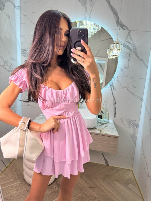 Sukienko-kombinezon na krótki rękaw z falbanami GIRLS cukierkowy róż 26 - photo #7