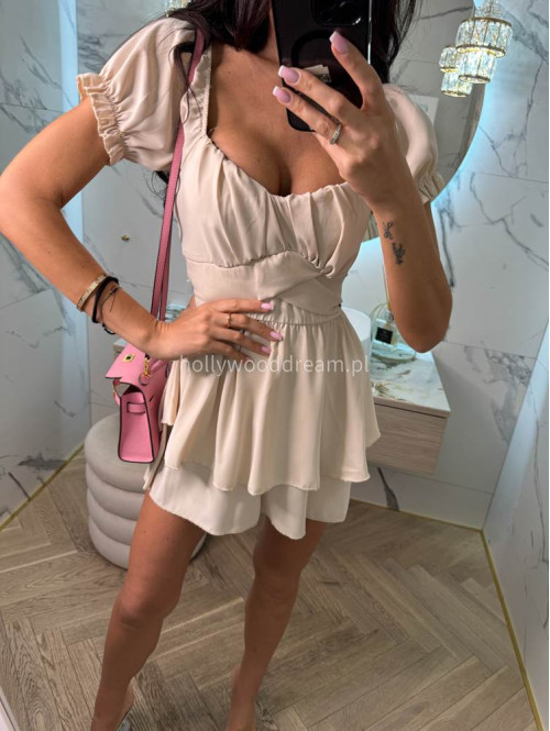 Sukienko-kombinezon na krótki rękaw z falbanami GIRLS beżowy 26 - photo #7