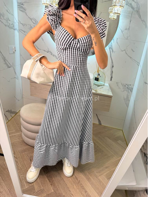 Sukienka maxi z falbaną na ramionach w drobną kratkę INGA czarna 17 - photo #8