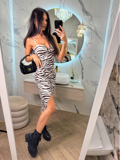 Sukienka midi z przekładanym dołem i wycięciem przy dekolcie w zebre VANESSA kremowo-czekoladowa 19 - photo #4